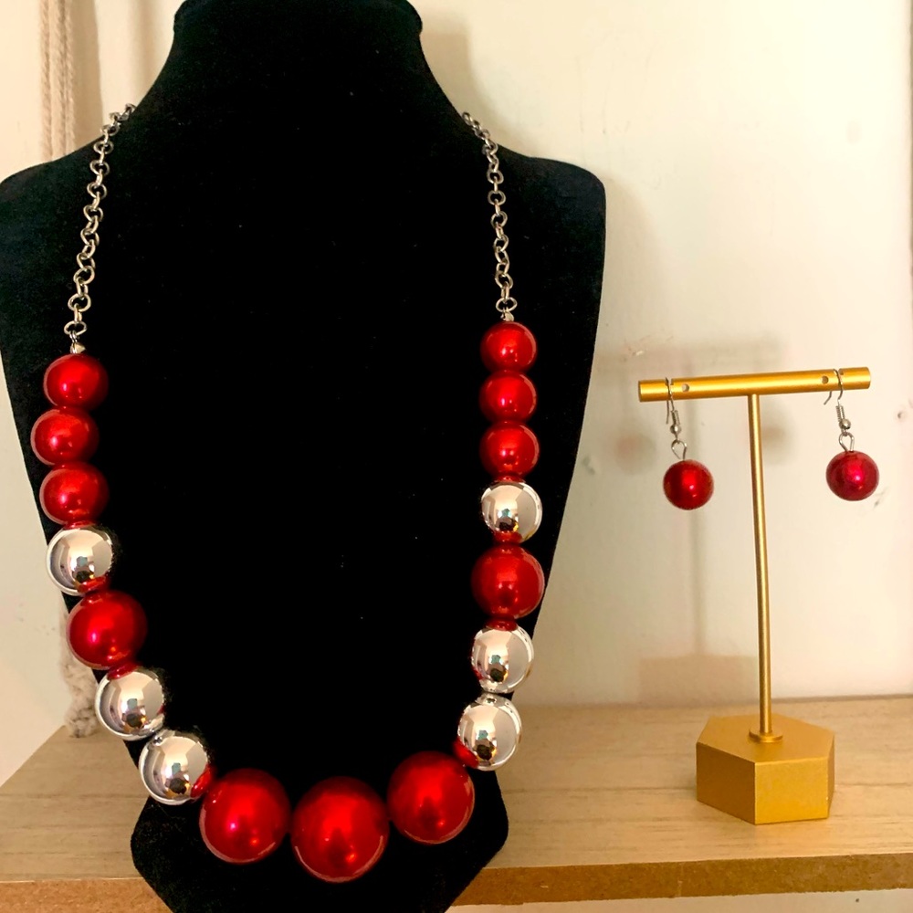 Red and Silver Ball Bead Necklace Set